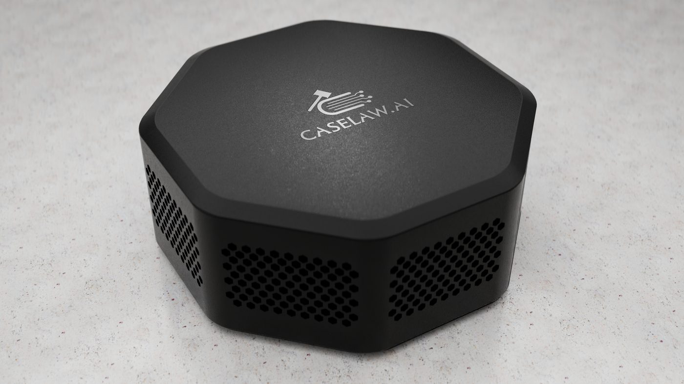 Discovery Brief - matte black octagonal desktop device with the Caselaw.ai mark